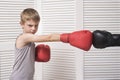 Boy in boxing gloves fights with a man`s hand in a glove. Royalty Free Stock Photo