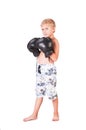 Boy in boxing gloves is isolated on white background Royalty Free Stock Photo