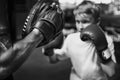 Boy Boxing Training Punch Mitts Exercise Concept