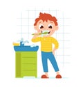 The boy brushes his teeth. Child and oral hygiene. Vector flat cartoon illustration Royalty Free Stock Photo