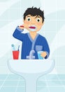 Boy Brushing Teeth Vector Illustration