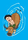 Boy buffalo canal water nature vector