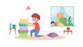 Boy building blocks next to a tall stack of colorful books, vector design Generative AI Royalty Free Stock Photo