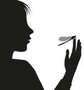 Boy and butterfly, try to catch butterfly, study the insect, silhouette scene, black and white story, entomology, Royalty Free Stock Photo