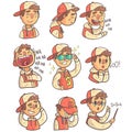 Boy In Cap And College Jacket Collection Of Hand Drawn Emoji Cool Outlined Portraits Royalty Free Stock Photo