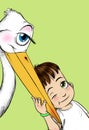 Boy caresses the beak of a stork Royalty Free Stock Photo