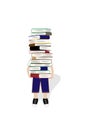 Boy carries a big stack of books, isolated on the white background, vertical vector