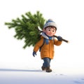 Boy Carries Fresh Cut Pine Tree Through Snow in Winter Outfit Royalty Free Stock Photo
