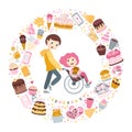 The boy carries the girl in a wheelchair. Friends, lovers. A circle made of festive elements. Friendly postcard. Cute