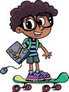 boy carries a laptop and rides a skateboard