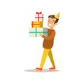 Boy Carrying Piled Presents , Kids Birthday Party Scene With Cartoon Smiling Character Royalty Free Stock Photo
