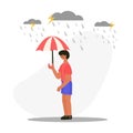 Boy carrying umbrella during heavy rain illustration. Little boy holding umbrella vector