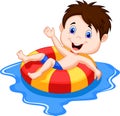 Boy cartoon floating on an inflatable circle in the pool