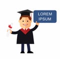 Boy cartoon graduates in the mantle with a sign and diploma in his hands. Vector illustration in flat design. Space for text