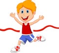 Boy cartoon ran to the finish line first Royalty Free Stock Photo