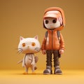 Minimalist 3d Model Of Orange Cat And Boy: Fantasypunk Composition