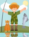 Boy and cat with caught fish vector cartoon Royalty Free Stock Photo