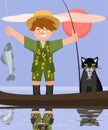 Boy and cat fishing from the boat vector cartoon Royalty Free Stock Photo