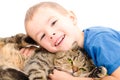 Boy and cat Scottish Straight hugging Royalty Free Stock Photo