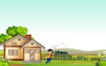 Boy Catching Butterflies In Front of Wood House In GRass Field Cartoon Royalty Free Stock Photo