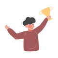 Boy Celebrating His Victory with Gold Winner Cup Cartoon Style Vector Illustration Royalty Free Stock Photo