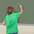Boy, chalkboard and school writing with kid education, cursive and answer for learning. Back, knowledge and student Royalty Free Stock Photo