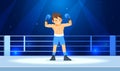 The boy champion boxer enjoys his victory in the ring lights. Professional boxing among young guys. Cartoon vector