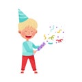 Boy Character in Birthday Hat Throwing Confetti Vector Illustration