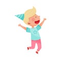 Boy Character with Blonde Hair in Birthday Hat Jumping with Joy Vector Illustration Royalty Free Stock Photo