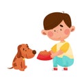 Boy Character with Bowl of Dog Food Feeding His Domestic Animal Vector Illustration