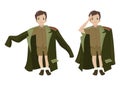 The child dressed in military uniform. The jacket of the general. Character in two poses. Vector isolated object on