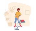 Boy Character Doing Domestic Work, Cleaning Floor, Baby Clean Carpet. Child Helper Vacuuming Home with Vacuum Cleaner