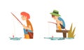 Boy Character in Fisherman Boots with Angling Rod Fishing Vector Set