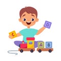 Boy Character Play Toy Train with Block Vector Illustration