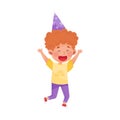 Boy Character with Red Hair in Birthday Hat Jumping with Joy Vector Illustration Royalty Free Stock Photo