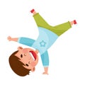 Boy Character Turning Somersaults and Standing Upside Down Joyful and Excited Vector Illustration