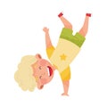 Boy Character Turning Somersaults and Standing Upside Down Joyful and Excited Vector Illustration