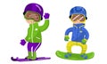 Boy Character in Winter Sportswear Skiing and Snowboarding Vector Illustration Set