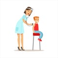 Boy Checked With Sthetoscope On Medical Check-Up With Female Pediatrician Doctor Doing Physical Examination For The Pre