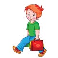 boy cheerfully carries shopping bags, cartoon illustration, isolated object on white color, vector illustration