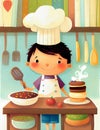 Boy chef cooking food in the kitchen. Cartoon illustration for children\'s book, generative ai