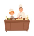 Boy chef. Cute kid and man cooking at kitchen. Child in uniform making food vector illustration Royalty Free Stock Photo