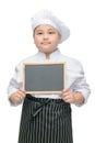 Boy chef in uniform cook holding blackboard Royalty Free Stock Photo