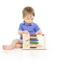 Boy child with abacus clock counting, smart little kid study les