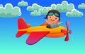 Boy child in Airplane flying in sky. Cartoon style illustration. Cute childish. Against background of clouds. Vector Royalty Free Stock Photo