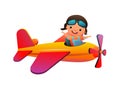 Boy child in Airplane flying in sky. Cartoon style illustration. Cute childish. Isolated on white background. Vector Royalty Free Stock Photo