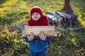 boy child in autumn in a red knitted hat holds log for a campfire in nature Royalty Free Stock Photo