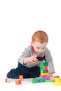 Boy child building kids block tower isolated