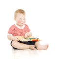 Boy child happy with abacus, smart little kid study lesson, educ Royalty Free Stock Photo