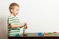 Boy child kid preschooler playing with building blocks toys interior Royalty Free Stock Photo